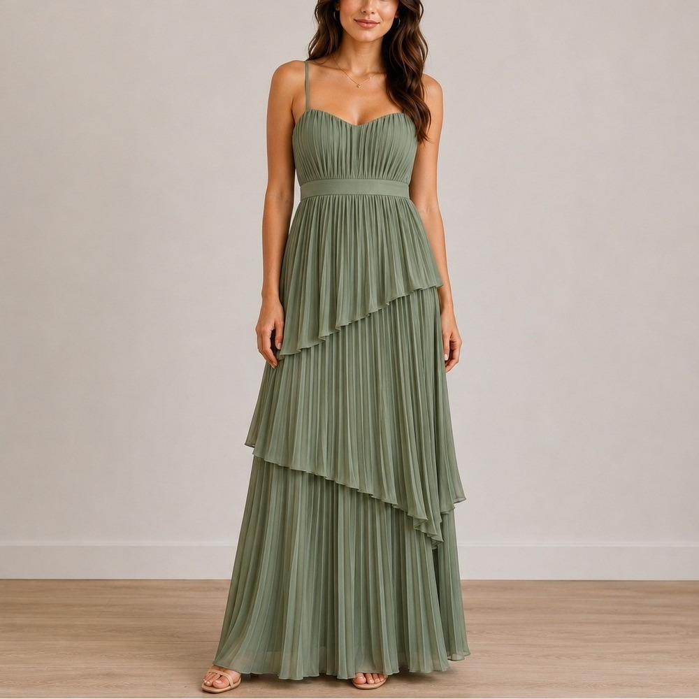 Lulus Jehona Pleated Tiered Maxi Dress M Sage Green Formal Gown
